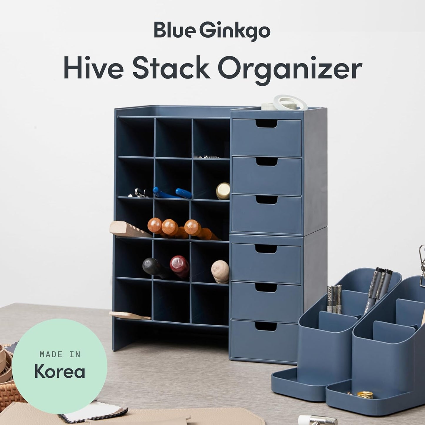 BLUE GINKGO Hive Stack Desk Organizer – Stackable Pen Holder, Stationary Organizer with Drawers - Office Storage, School Supplies, Makeup (Made in Korea, Blue)