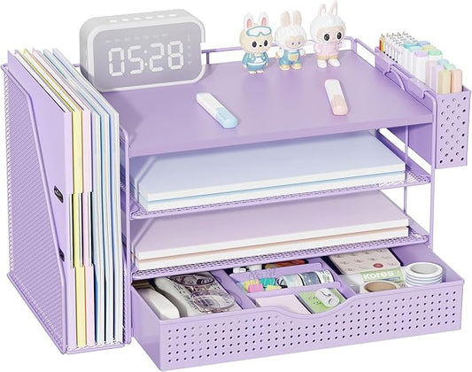 gianotter Wood Desk Organizers and Accessories with File Holder, 4-Tier Desk Accessories & Workspace Organizers with Drawer and Pen Holder, Paper Organizer for Office Supplies (Purple)
