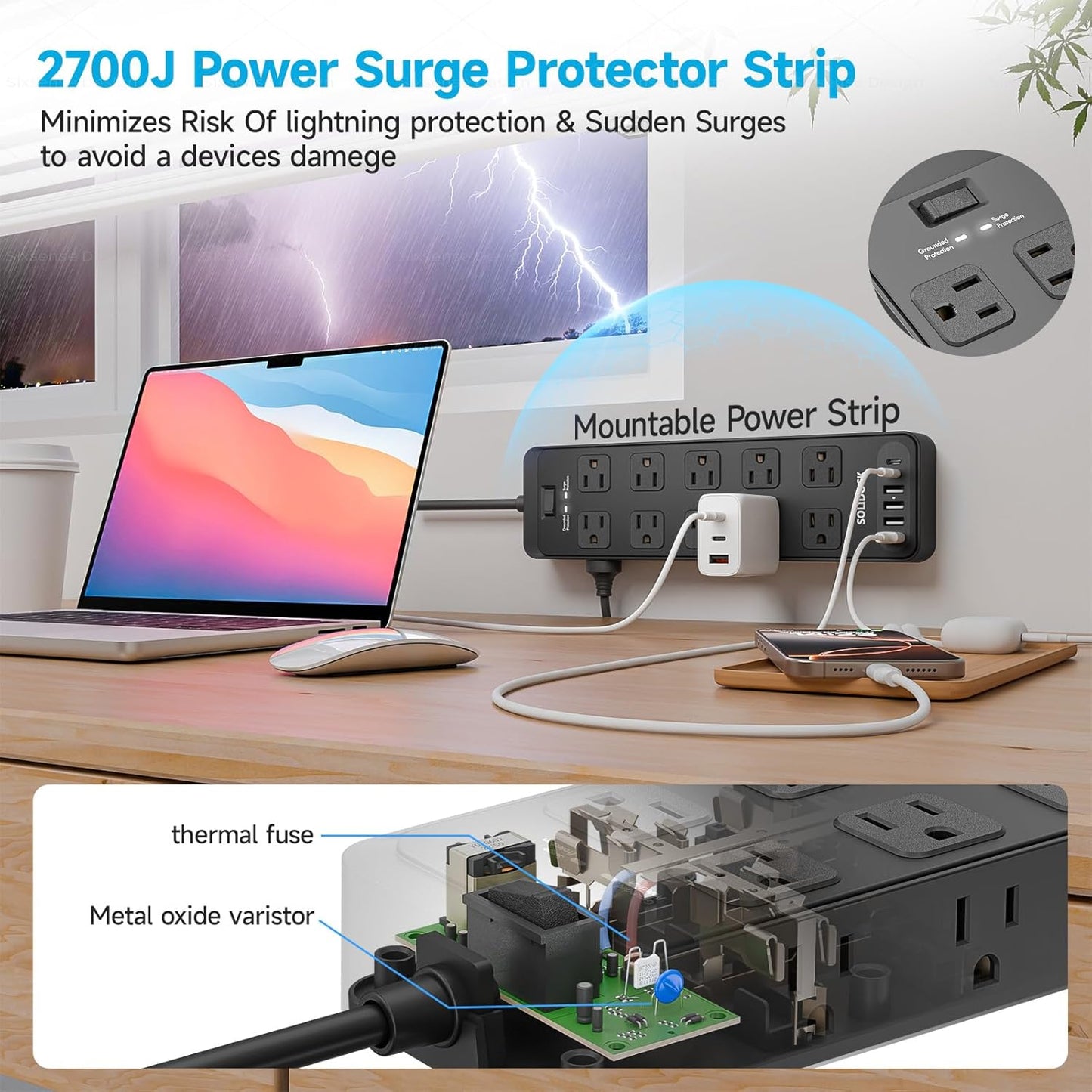 Flat Plug Power Strip Surge Protector with 20 AC Outlets 6 USB Ports, 1875W/15A, 2700 Joules, 6 Ft Heavy Duty Extension Cord with Multiple Outlets for Home, Office, Dorm, Gaming,ETL Listed