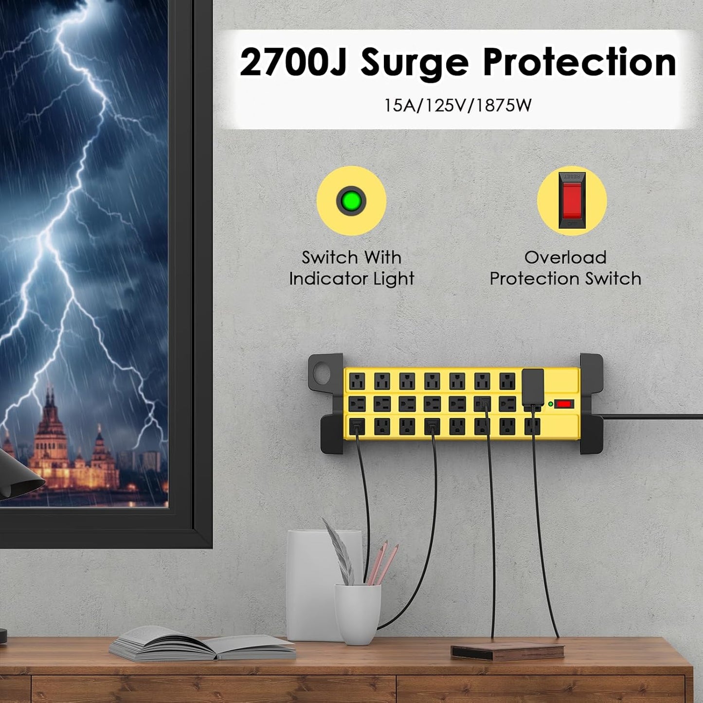 HHSOET Heavy Duty Power Strip with Surge Protection, Industrial Commercial Metal 24 Outlets Wall Mount for Garage Shop, 15 Amp, Switch, 6FT Extension Cord, Yellow.