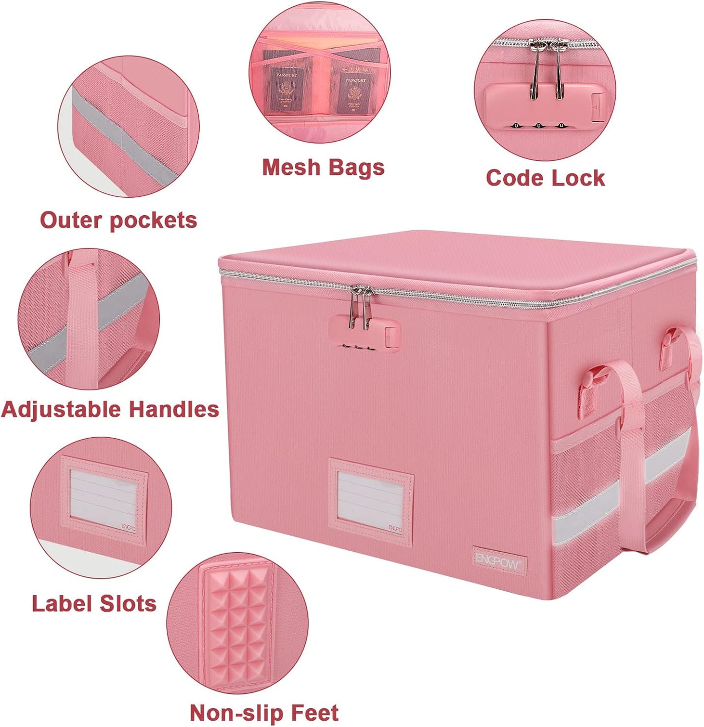 ENGPOW File Box with Lock, Fireproof Document Box with Pockets, Collapsible File Organizer Filing Storage Cabinet with Handle, Portable Home Office Safe for Hanging Letter/Legal Folders, Pink, 2 Pack