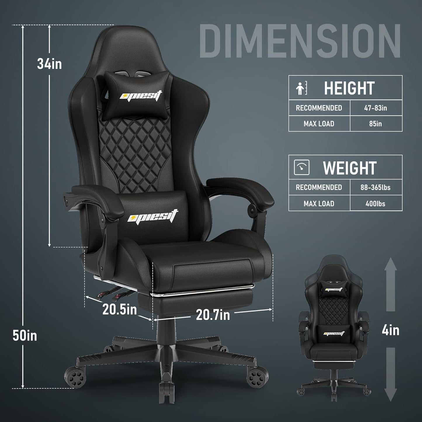 Gaming Chair,Ergonomic Computer Chairs for Adults with Footrest, PU Leather Office Chair with Adjustable Lumbar Support & Pocket Spring Cushion - Heavy Duty 400lb Capacity Gamer Chair(Black)