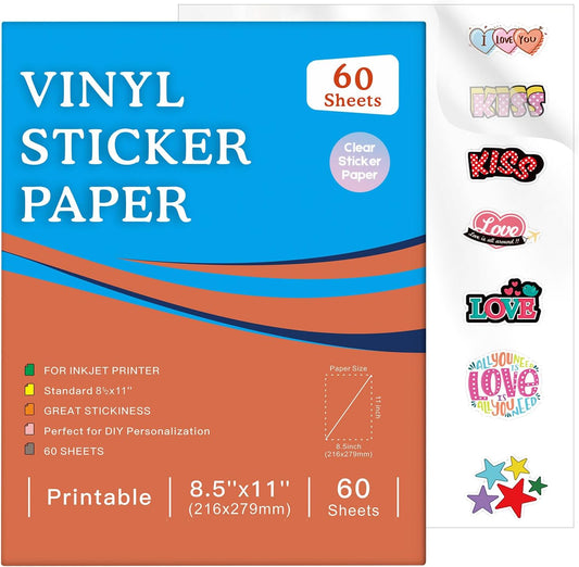 60 Sheets Premium Printable Clear Vinyl Sticker Paper for Inkjet Printer, 8.5x11" Transparently Vinyl Sticker Paper Waterproof, Dries Quickly, Vivid Colors, Tear Resistant, Great for Cutting Machines