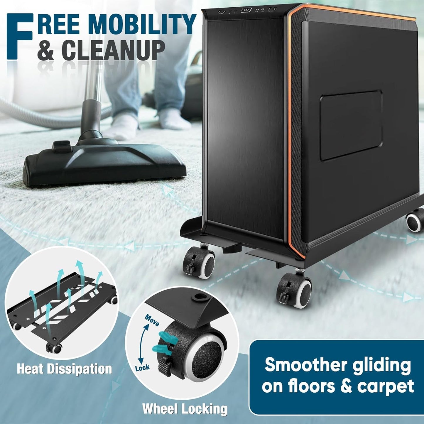 Seloom Computer Tower Stand, Adjustable PC Stand, Heavy-Duty Mobile CPU Tower Holder with Rolling Caster Wheels, Fits Most Gaming Desk Floor