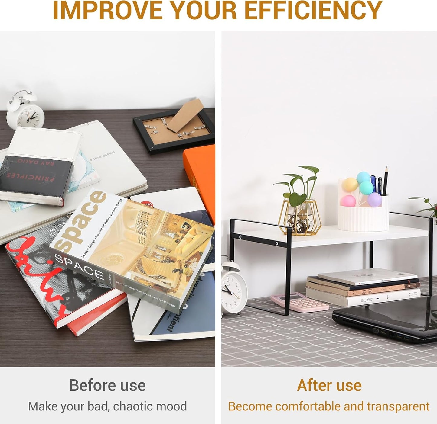 YGYQZ Wood Office Desk Shelf Organizer - Desktop Supplies Cute Dresser Top Organization Storage Rack and Cubicle Decor Aesthetic Bookshelf for Women Man and Kids (Black White-Single Tier)