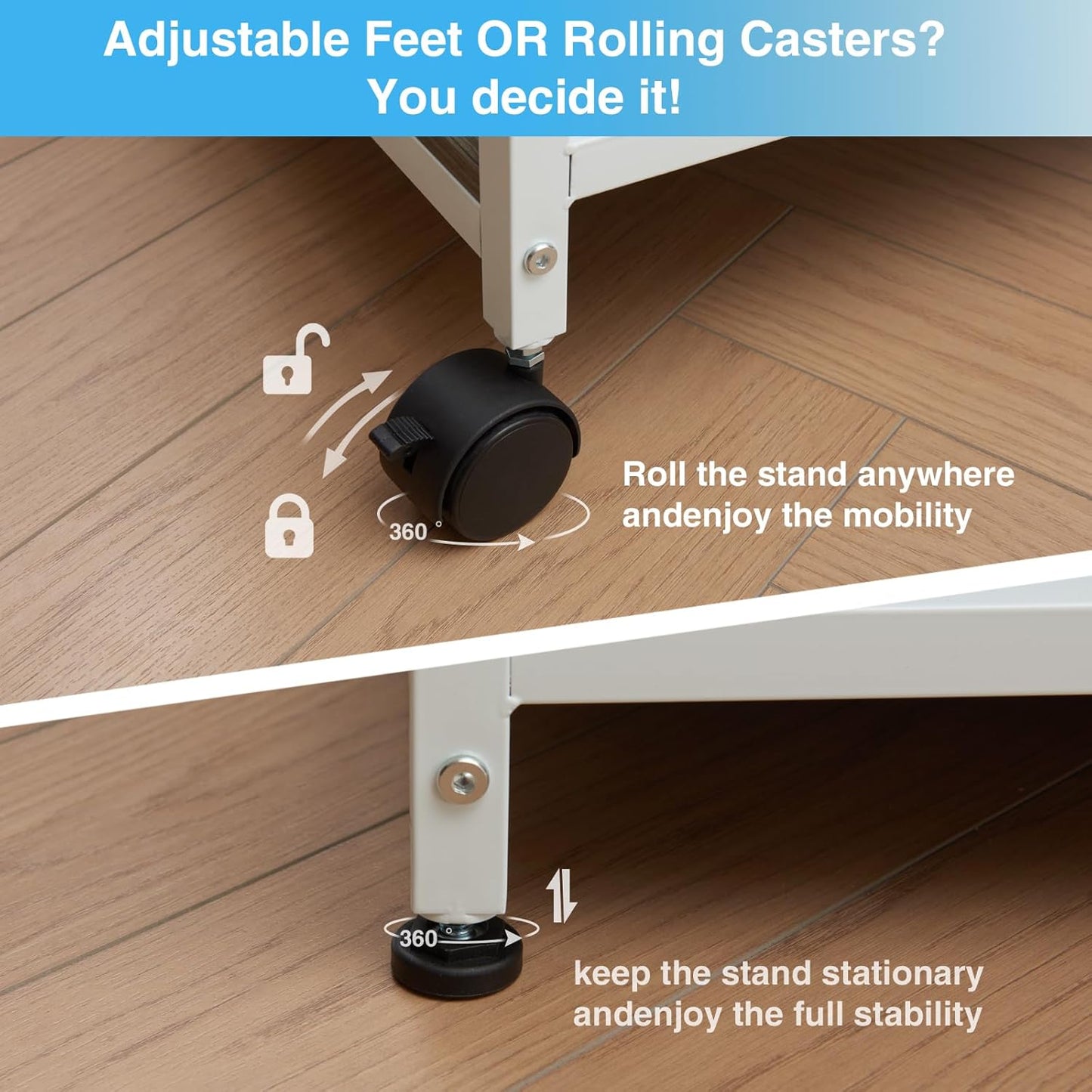 Lauren&Harold 34'' Printer Stand with Power Outlets & USB Ports, 3-Tier Adjustable Rolling Cart, Heavy Duty 150LBS Storage Table with Wheels for Office, Kitchen, Living Room, Grey/White