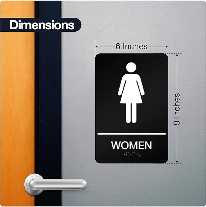 ADA Braille Womens Restroom Sign for Business with Double Sided 3M Tape - ABS Plastic Womens Bathroom Sign 9” x 6” for Offices and Restaurants