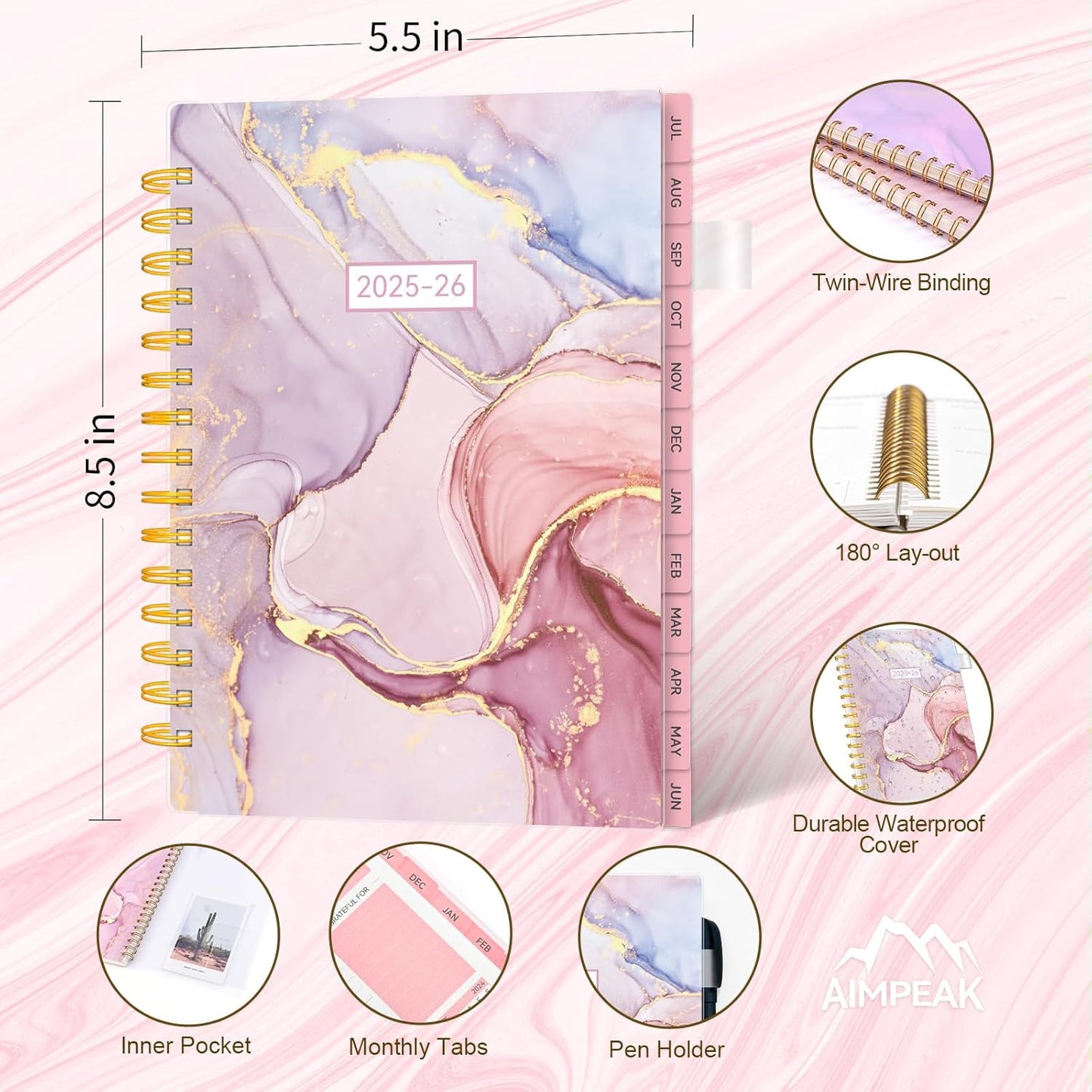 Planner 2025-2026-Weekly and Monthly, Academic Planner 2025-2026 run from Jul.2025 - Jun.2026, Planners 2025-2026 for Women, AIMPEAK Daily Calendar Planners for Teacher & Student, Monthly Tabs, Pink Marble, 5.5"x8.5"