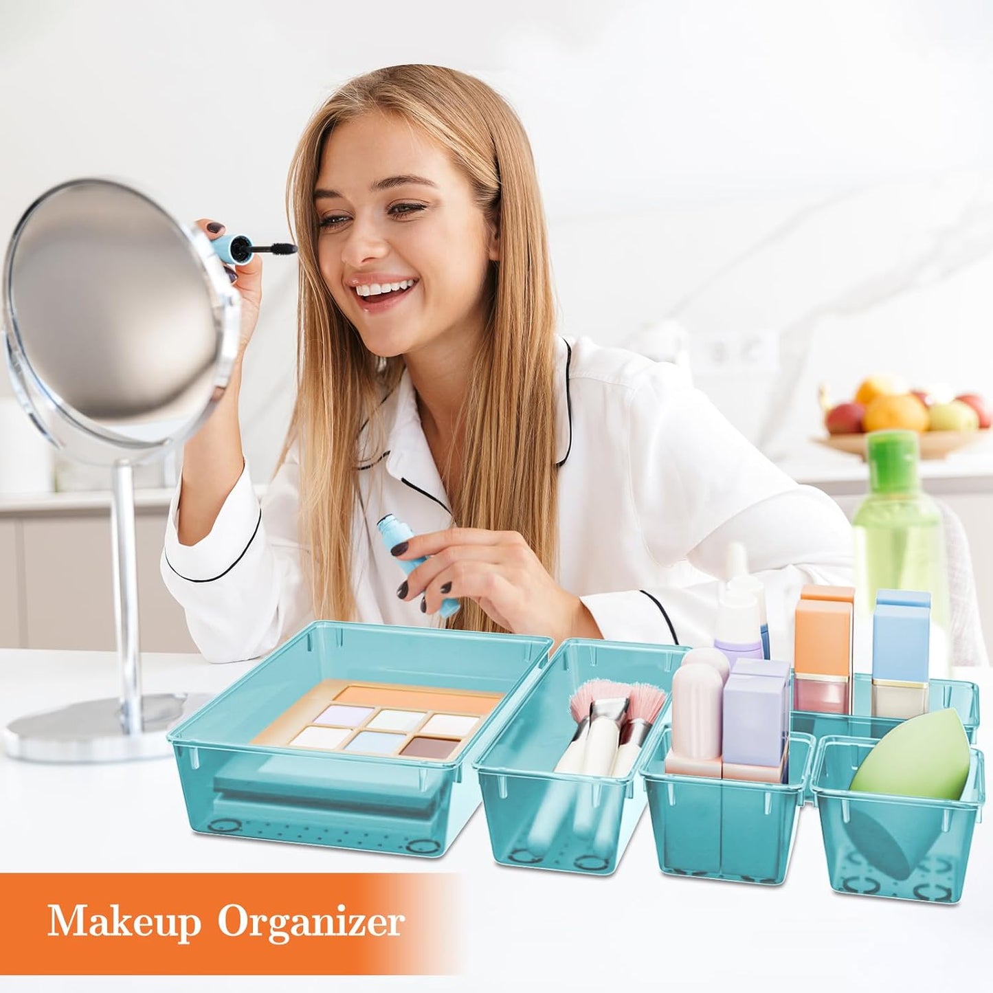 25 PCS Plastic Drawer Organizer Set, 4-Size Versatile Organizer Trays & storage Bins for Makeup, Jewelry, and Gadgets in Bathroom, Bedroom and Office, Sea Blue