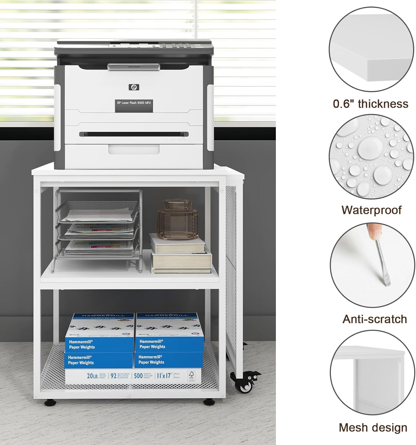 Natwind 24''x20''x29'' Large Printer Stand with Storage Shelves,Extendable Home Craft Table,Home Office Organization Desk, Versatile Table for Home Office, Kitchen, Study Room, Living Room (White)