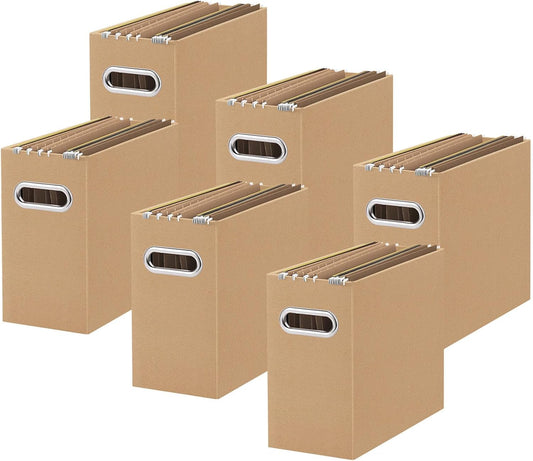 Oterri File Organizer, 6 Packs Small Storage Box, Cardboard File Folder Organizer, Collapsible File Box for Hanging File Folders Letter Size, Portable Filing Organizer with Handle (Brown)