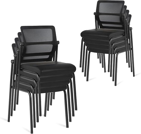 CLATINA Stackable Waiting Room Chair with Adjustable Mesh Backrest, Armless Office Guest Reception Chairs with Leather Cushion and Ergonomic Lumbar Support for Conference Lobby Side School, Black, 8PK