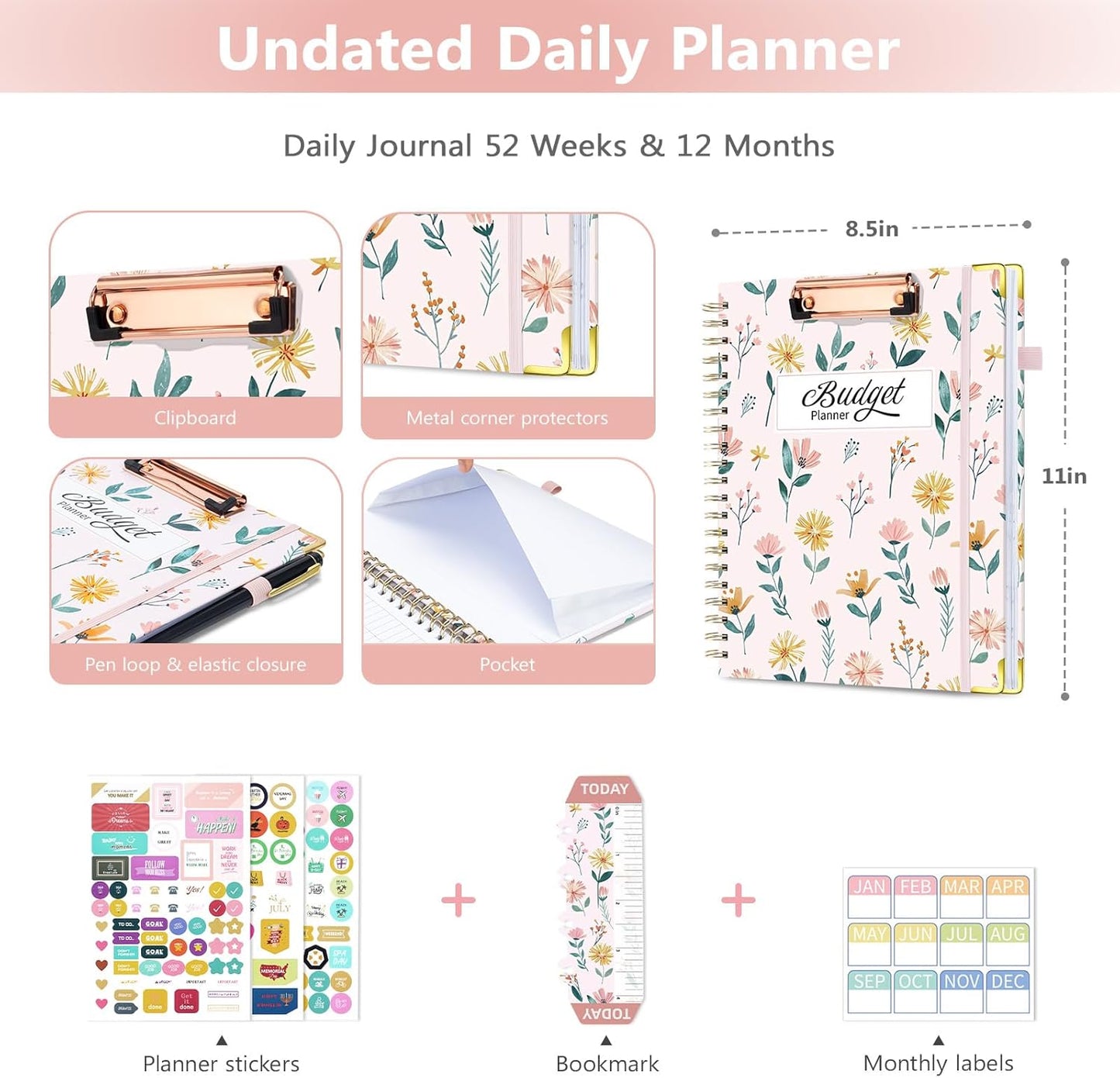 Ospelelf Budget Book Planner 8.5"x11" Large Size Undated Monthly Bill Payment Tracker Organizer Account Financial Planners with Clipboard Pockets Stickers 12 Months Productivity Aesthetic Pink Flowers