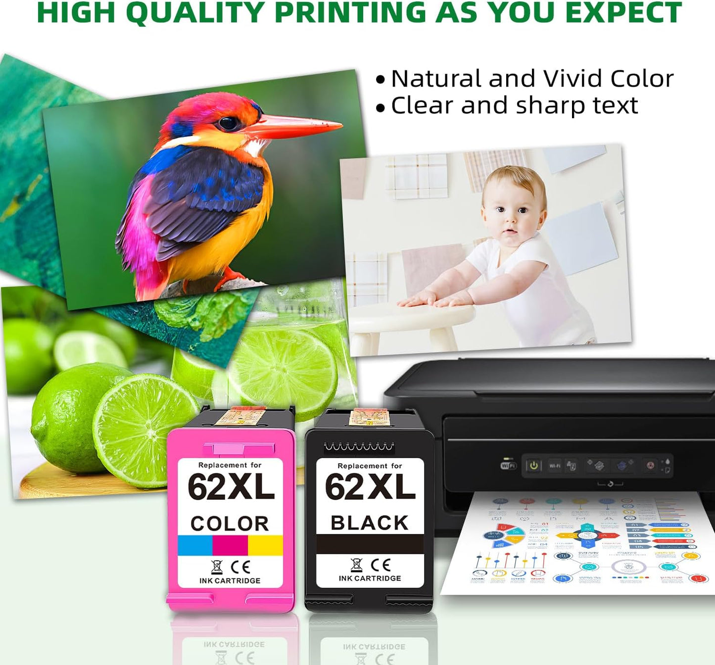Replacement for HP 62xl Ink Cartridge Combo Pack - High Yield Ink Cartridges Compatible for hp Ink 62, Envy 5540 7640 7645 5660 OfficeJet 200 250 5740 Ink, Black, Tri-Color, 2 Pack