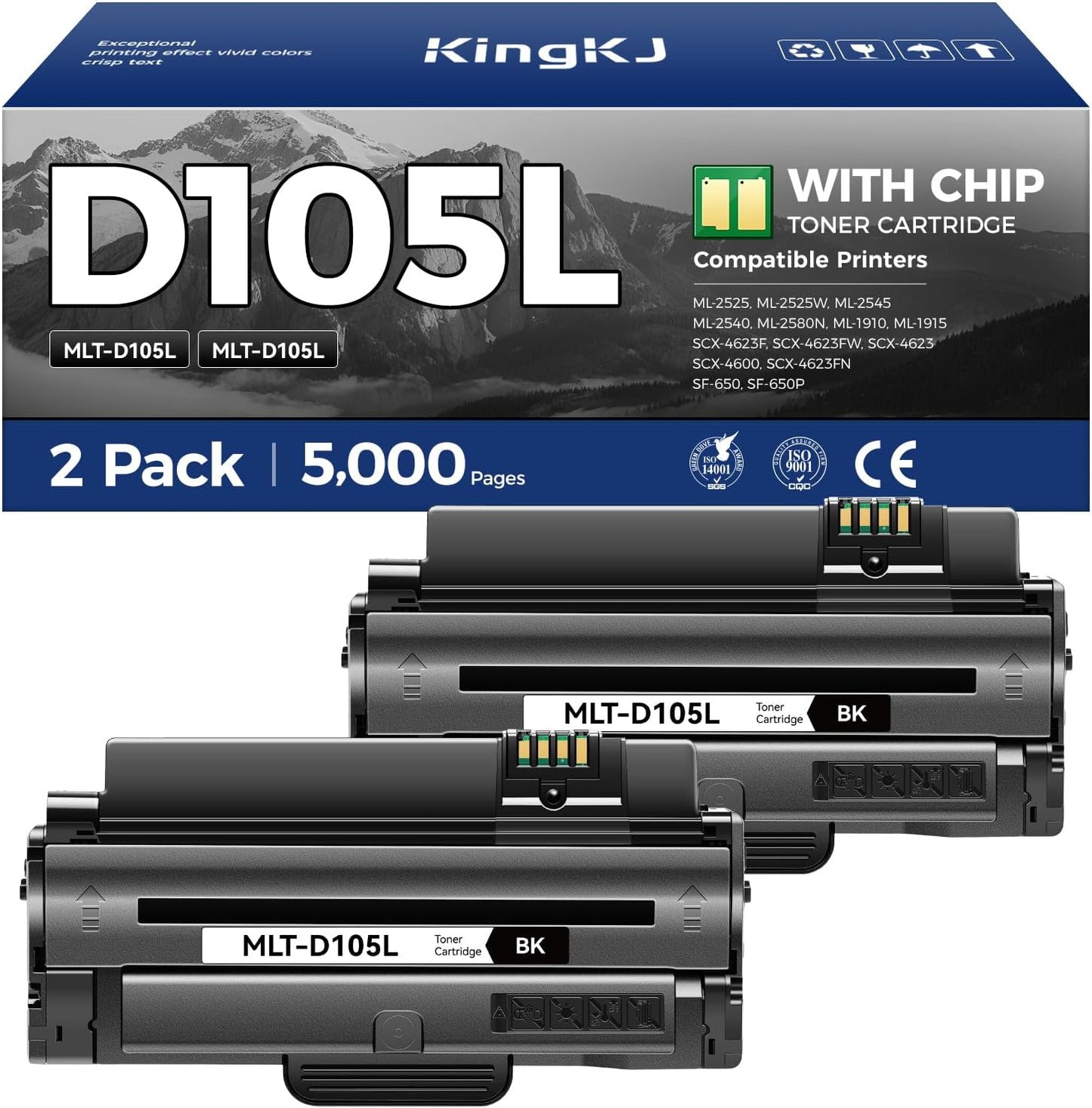 MLT-D105L Toner Cartridge Black 2-Pack High-Yield Replacement for Samsung MLT-D105L D105L Compatible with Samsung ML-2525 ML-2540 ML-2580N ML-1910 ML-1915 SCX-4623F SCX-4623FN SCX-4600 SF-650 Printers