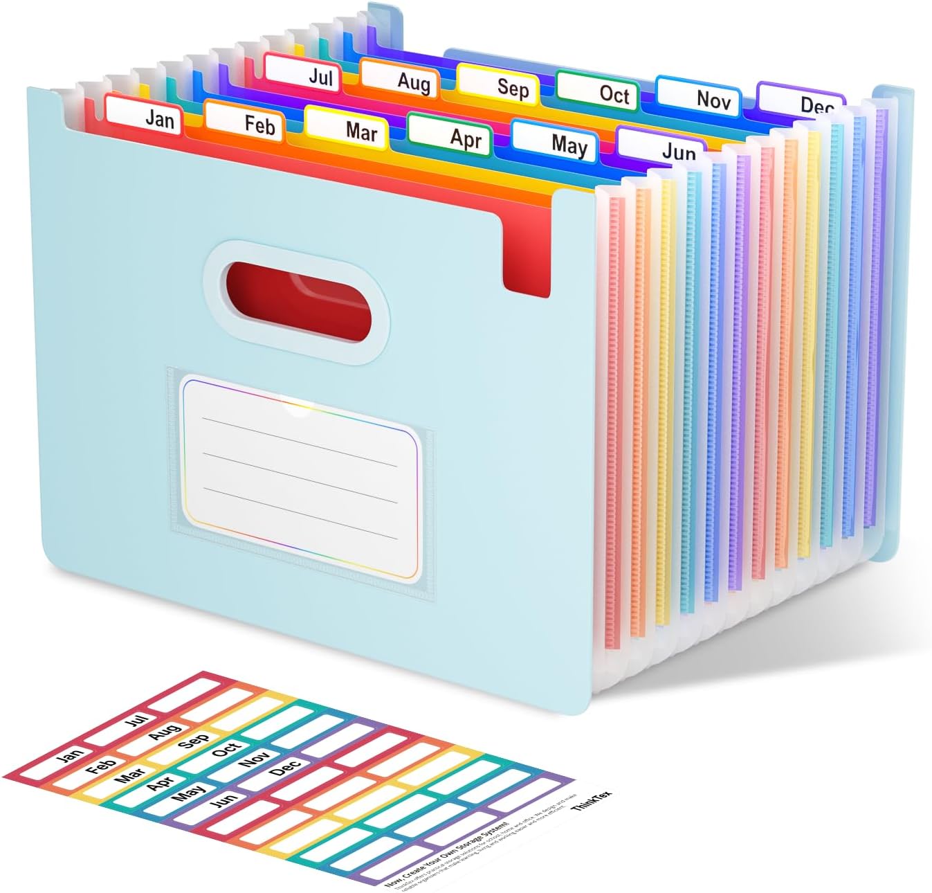 ThinkTex Accordion File Organizer, 12 - Pocket Expanding File Folders Upright & Open Top,for Paper Receipts, Bills&Taxes Organizer, Letter/A4 Size for School, Office, Home with Colorful tab-Light Blue
