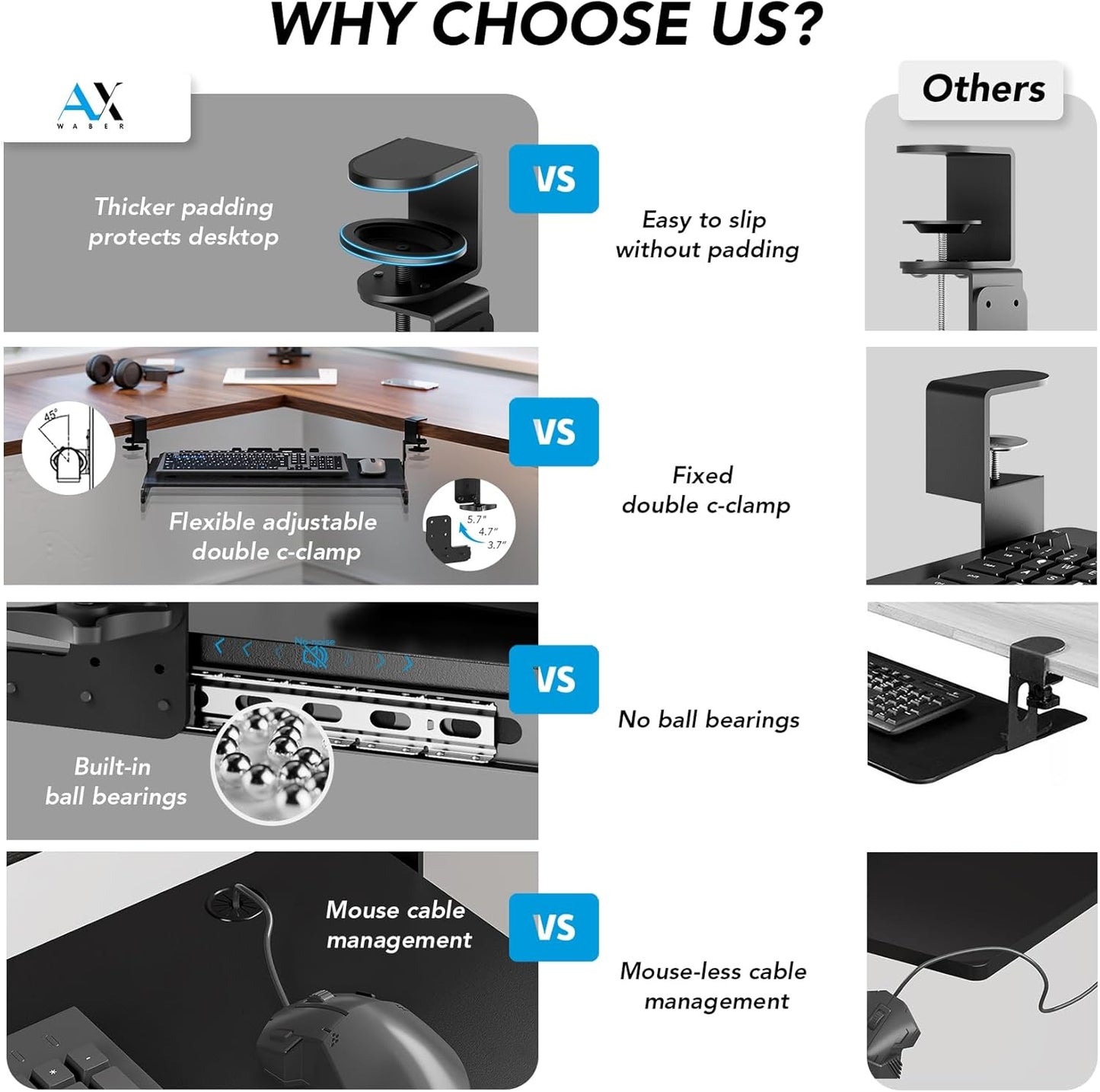 Keyboard Tray Under Desk Pull Out with Extra Sturdy C Clamp Mount System, 27.3 (32.5 inch Including Clamps) x 11 Inch Slide-Out Platform Computer Drawer for Typing Black AX01WB01