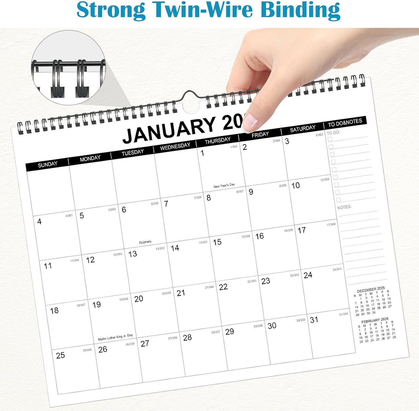 Wall Calendar 2025-2026, Monthly Table Calendar July 2025 to December 2026, 18 Months Screw Wall Calendar, 14.7"x11.5", For Home, Office, School, and Julian Date (Black & White, 14.7x11.5 inch)