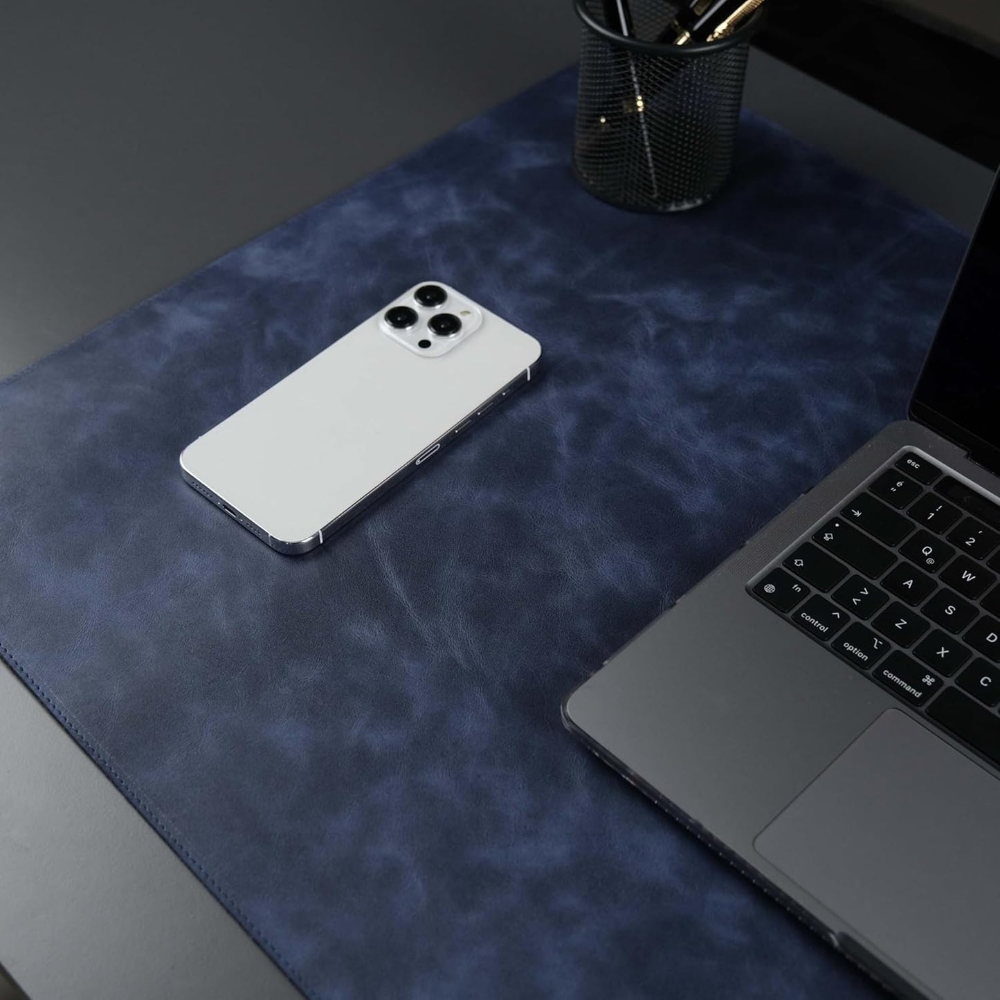 Jersey Genuine Calfskin Leather Desk Pad, Office Desk Mat with Non-Slip Bottom, Smooth Surface for Mouse & Keyboard, Desk Protector (14.6x31.5 inches) (Navy)