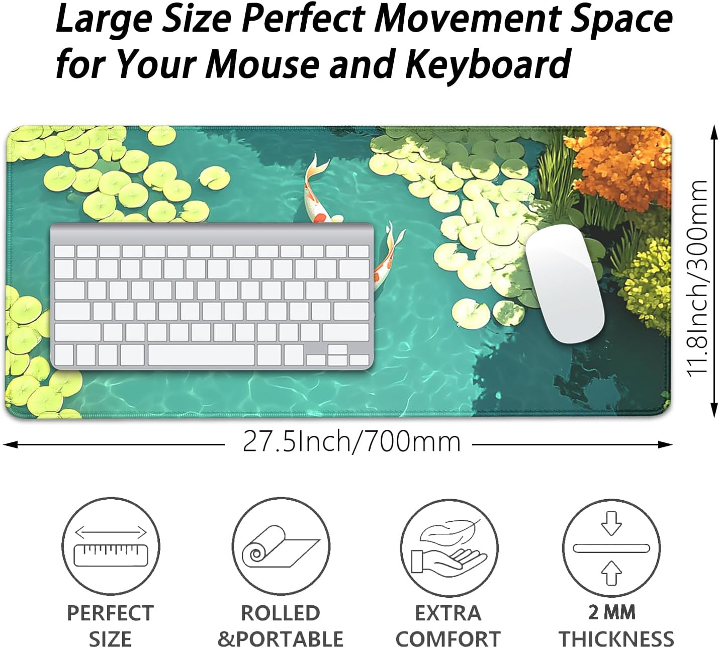 Koi Carp Fish Desk Pad Mouse Pad,Large Gaming Mouse Mat with Stitched Edges,Non-Slip Rubber Base Mousepad for Office PC Keyboard Laptop and Home Work Desk Mat(27.5X11.8 in)