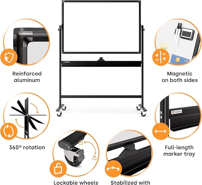 Rolling Dry Erase Board 46 x 32 - Large Portable Magnetic Whiteboard with Stand - Double Sided Easel Style Whiteboard with Wheels - Mobile Standing White Board for Office, Classroom & Home