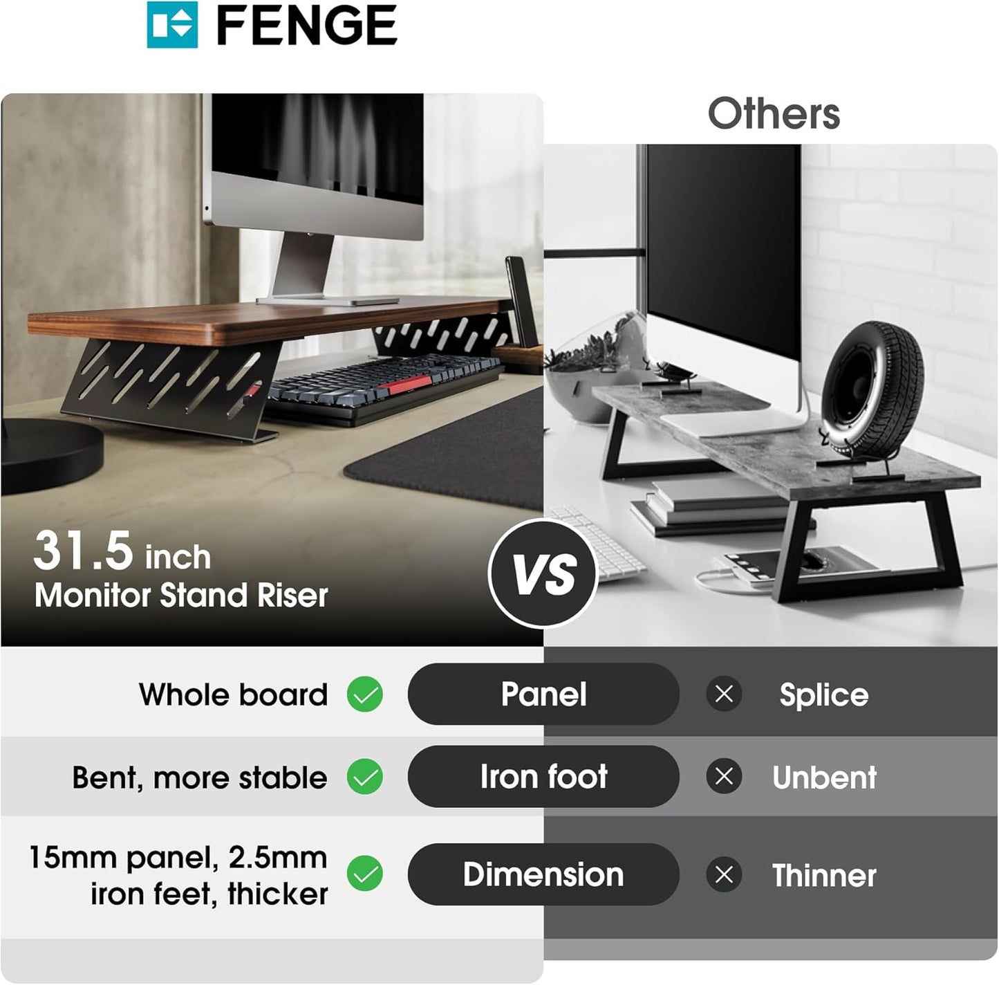 Fenge Monitor Stand Riser, Desk Top Shelf for 2 Monitors, Computer Stands for Desk, Wood & Steel Desktop Riser for Laptop, PC, Printer