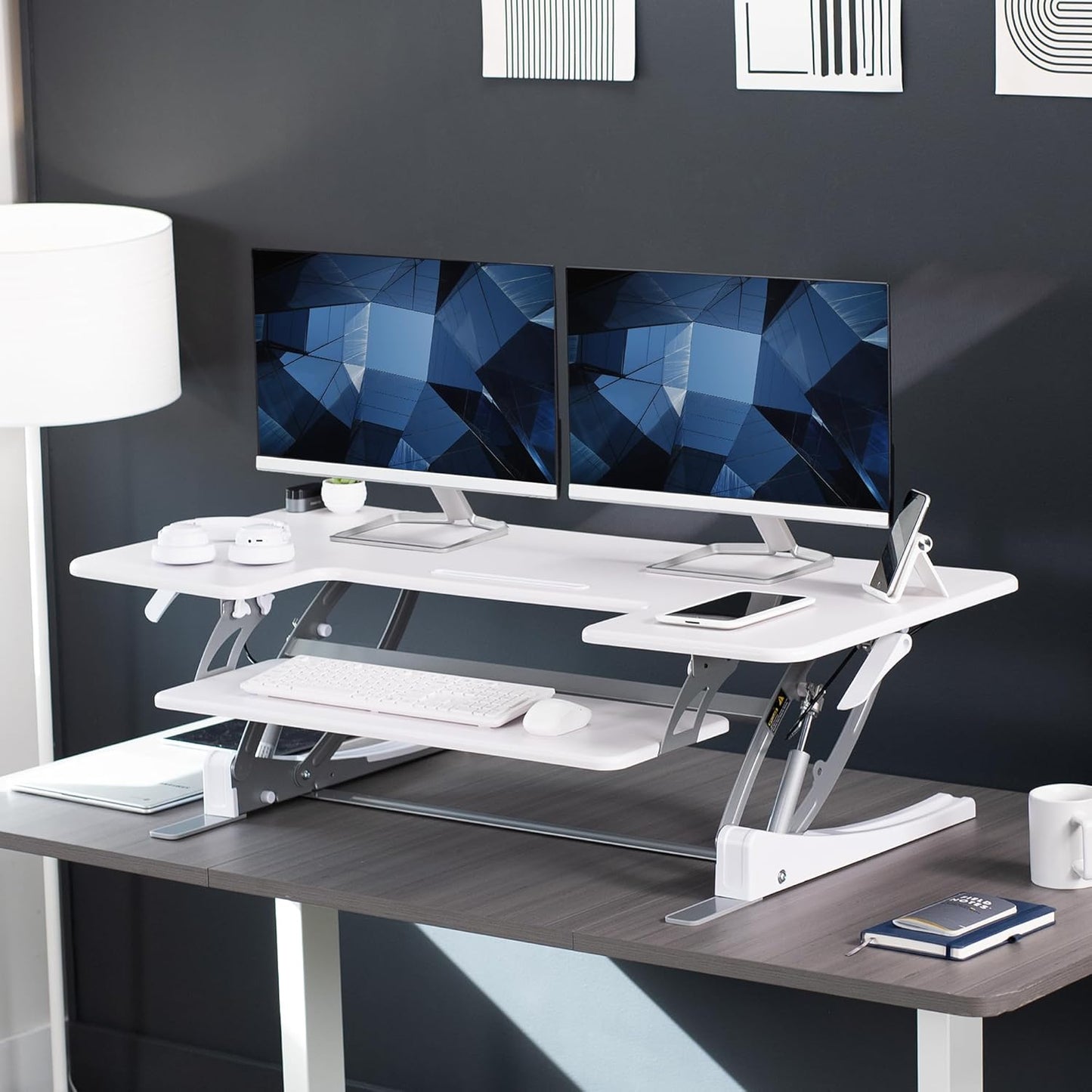 VIVO 48 inch Height Adjustable Large Stand Up Desk Converter, V Series, Quick Sit to Stand Tabletop Dual Monitor Riser Workstation, White, DESK-V048VW