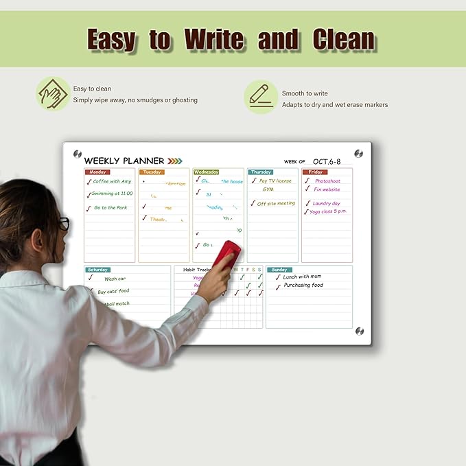 Glass Colorful Weekly Dry Erase Board for Wall,Weekly Planner Whiteboard for Wall 24"x18",Frameless Mounting,Medium Weekly Wall Calendar Dry Erase for Office/School/Home