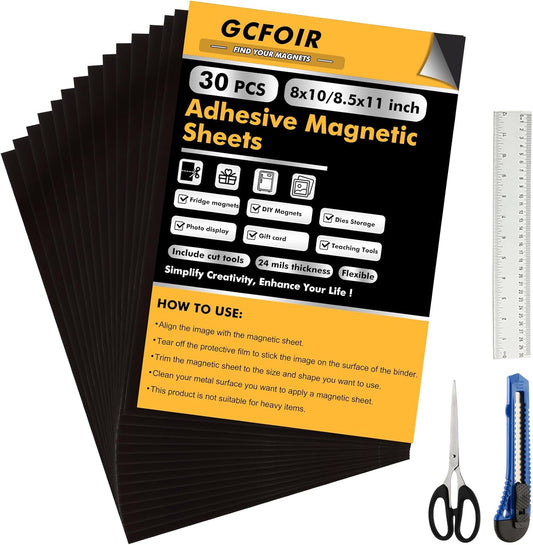 Magnetic Sheets with Adhesive Backing - 20 Pcs 8.5 x 11/10 Pcs 8 x 10 Inch Flexible Magnetic Adhesive Sheets, Adhesive Magnetic Sheets for Dies Storage, Photos, Craft Projects, School, Office