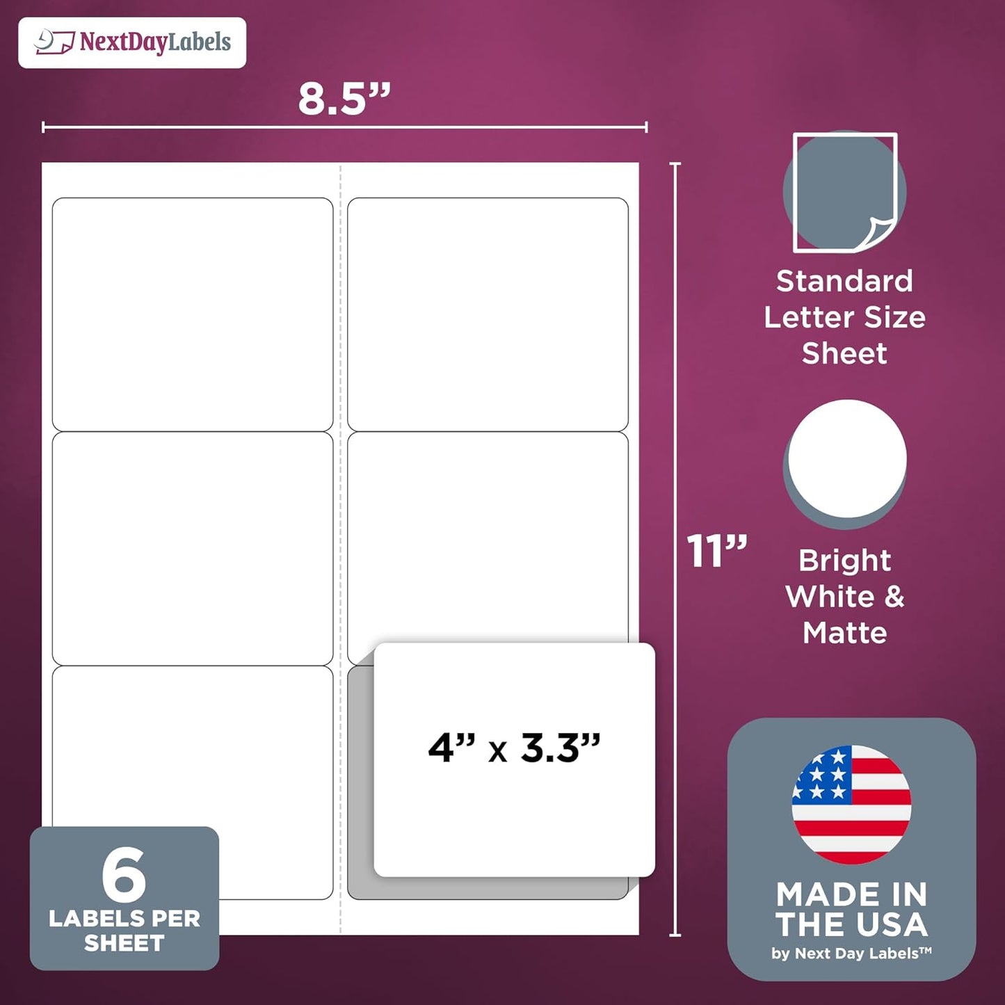 NextDayLabels – 4" x 3-1/3" Rectangular Sticker Labels for Printer - White Laser/Inkjet Printer Labels Return Address Labels Shipping Label Stickers (50 Sheets, 6 Per Sheet, 300 Labels)