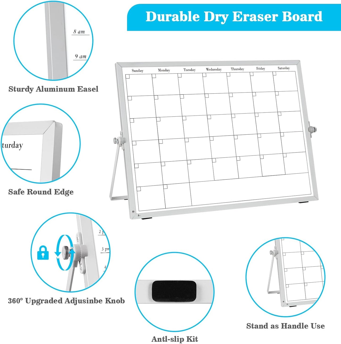 White Board Dry Erase Calendar Planner, Weekly Monthly Magnetic Schedule-Board with Time Slots, Portable Double-Sided Desktop Whiteboard with Stand for Planning, Memo, to Do List 16"×12"