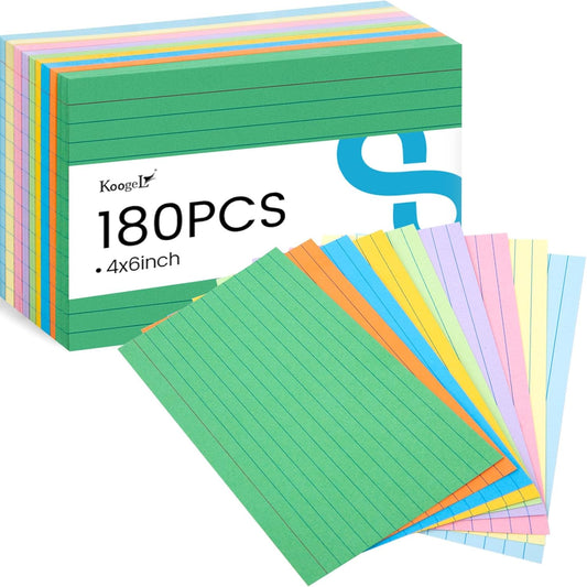 Koogel 4x6 Index Cards, 180 Count, Colored Large Index Card Lined Ruled both Side for Back to School, Heavy Notecard Flashcard for Studying School College Office Supplies, 9 Assorted Colors