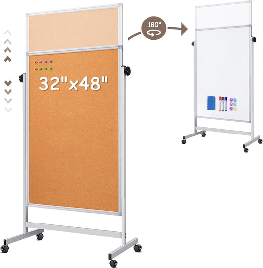 Double Sided Cork Board White Board, 32 x 48 inches Large Cork Board for Office, Height Adjustable Magnetic Dry Erase Board on Wheels, Portable Freestanding Natural Corkboard for Displaying, Planning