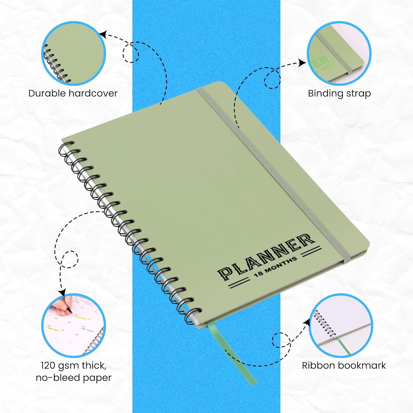 Undated Monthly Planner - 18 Month Calendar Planner Book for School, Office and Home - Hardcover Blank Planners for Goals, Tasks and Dates - B5(6.9" x 9.8") Green