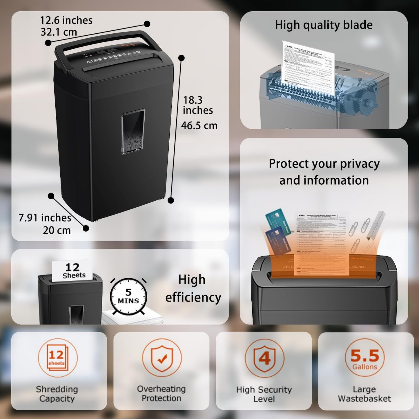 Bonsaii 12-Sheet Cross Cut Paper Shredder, P-4 High Security, Shreds Paper, Credit Cards, Staples, Clips, CDs, 5.5 Gal Home Office Heavy Duty Shredder with Transparent Window, Black