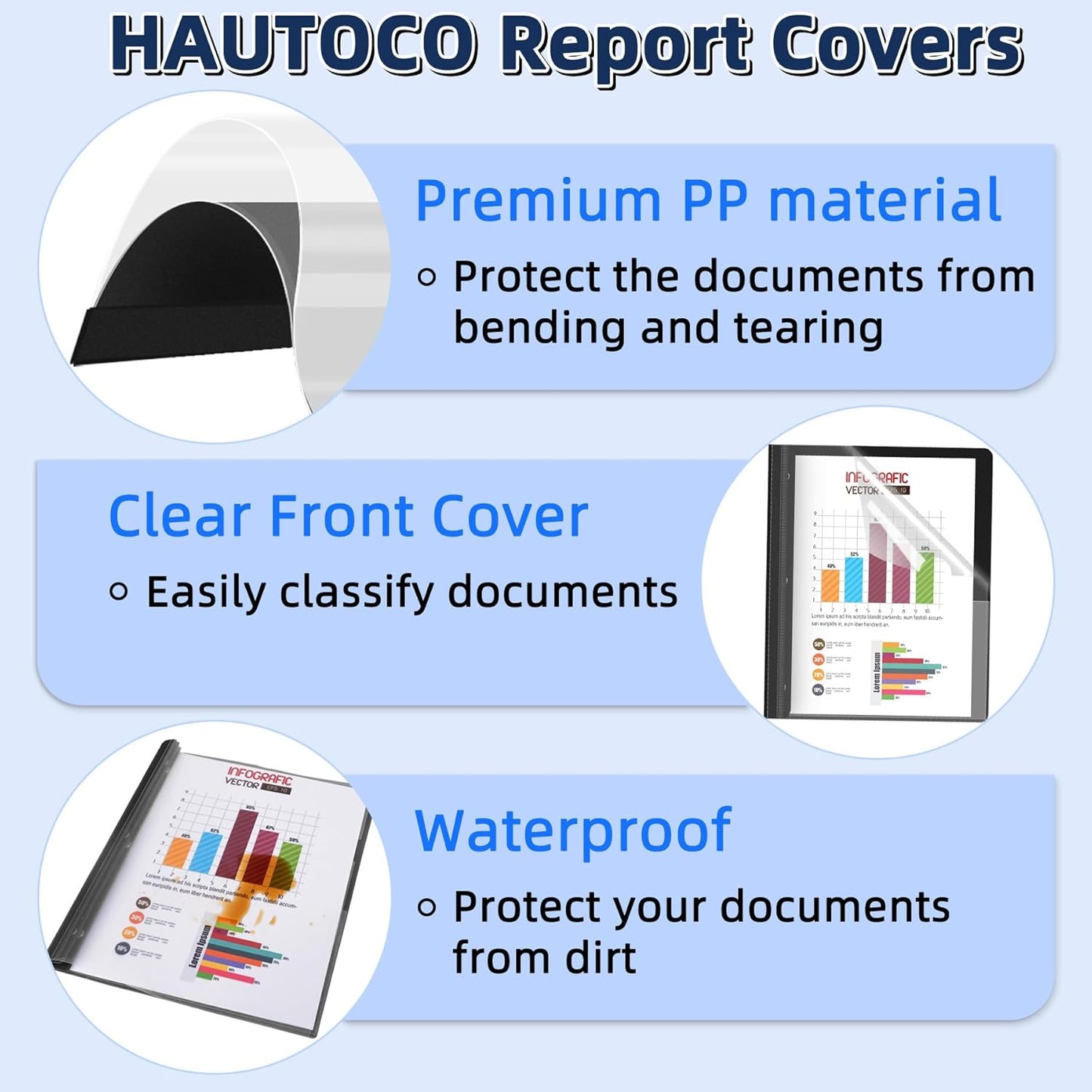 HAUTOCO 5 Pack Plastic Report Covers with 3 Prongs Fasteners Clear Front Resume Portfolio Folder for 8.5x11 Letter Size Paper, Presentation Document Report Cover for School Office Business, Black