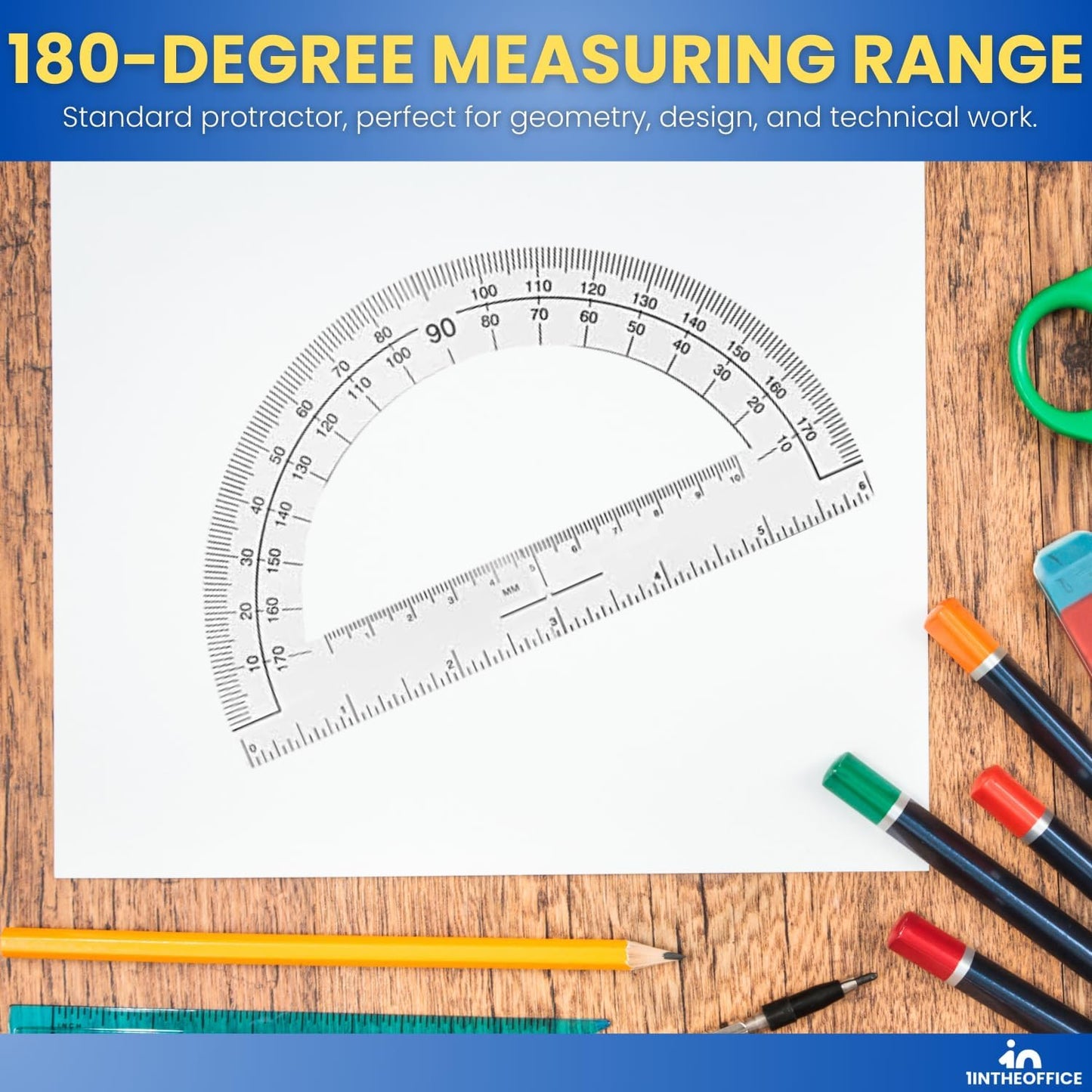 1InTheOffice Plastic Protractor 6 Inch, Protractor for Geometry, Clear Protractor, 180 Degrees, 6 Pack