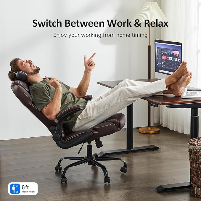 Office Chair, Executive Leather Chair Home Office Desk Chairs, Ergonomic Computer Desk Chair with Adjustable Flip-Up Arms, Lumbar Support Swivel Task Chair with Rocking Function (Brown)