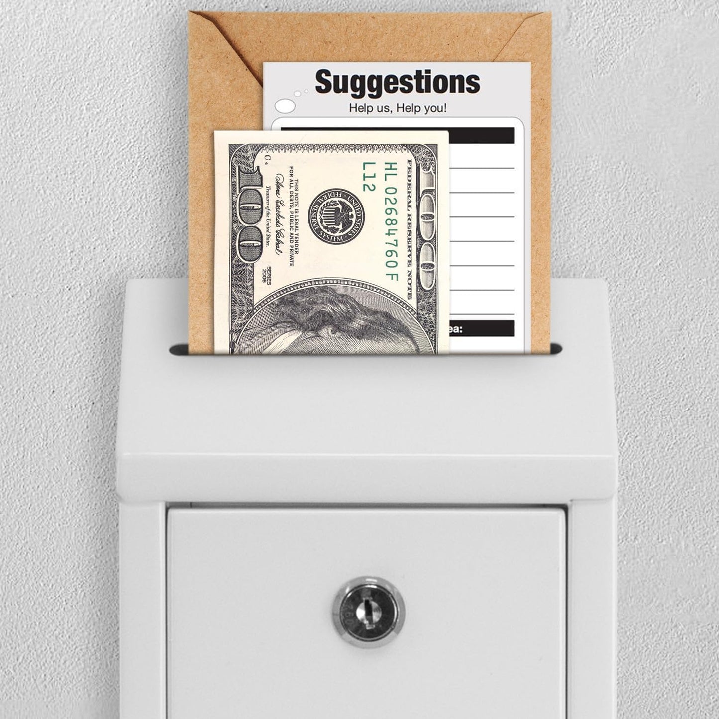 Metal Donation Box with Lock, Wall Mounted, Suggestion Box with 4 Iron Keys, White, Cash Drop Box with Slot, 1-Pack