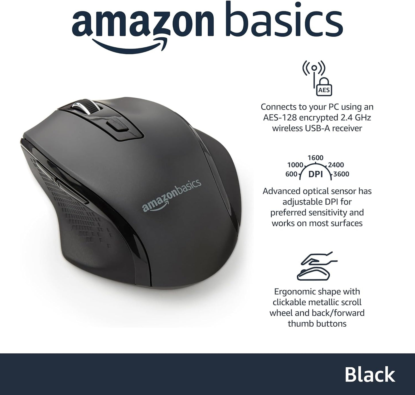 Amazon Basics Computer Mouse Wireless, Ergonomic, 2.4 GHz Optical, DPI Adjustable, Compatible With PC, Mac, Laptop, Black