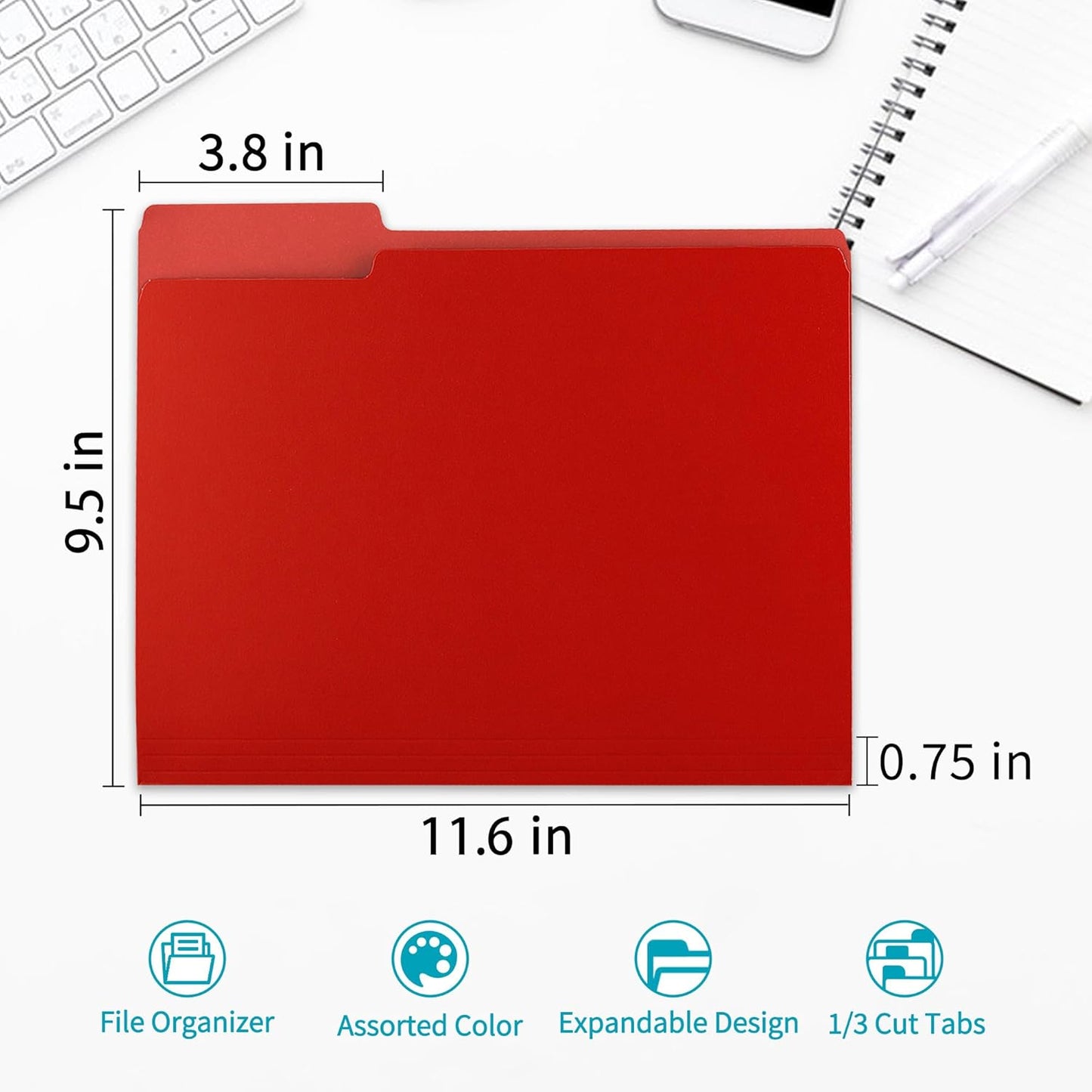 Two-Tone File Folder 8.5 x 11 Inch,100 Pack Red File Folders,1/3 Cut Tabs File Folder Letter Size,Colored File Folders,Manila File Folders for Office,School and Home,Organization