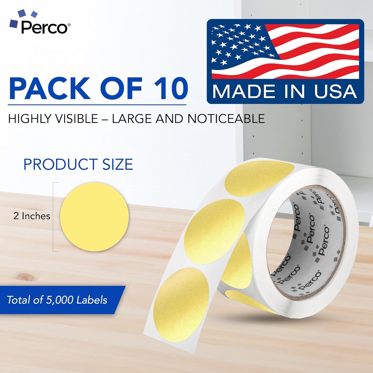 Perco Metallic Gold 2-Inch Perforated Circle Dot Sticker Labels — 10 Rolls, 5,000 Round Stickers — with Permanent Adhesive for Awards, Product Seals, Gift Packaging, Event Marking — Made in USA