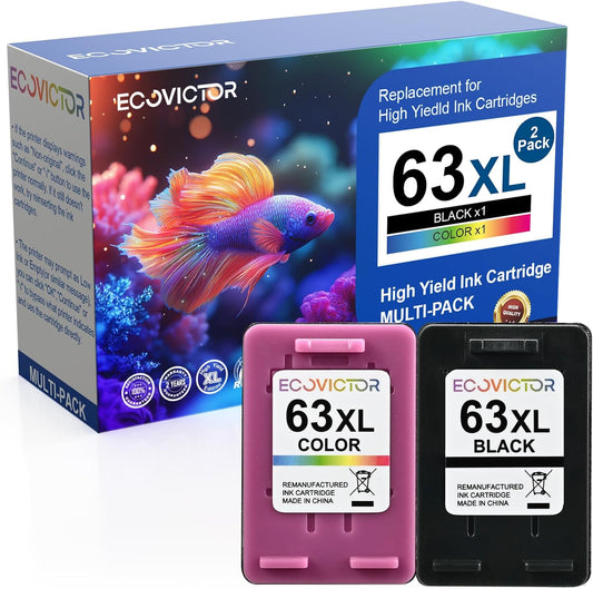 Eco-Friendly Remanufactured Ink Cartridge Replacement for HP 63 63XL HP63 Black and Color Combo 2 Pack for 3830 4650 4652 4655 4520 4512 5255 5258 5252 5200 3833 3630 3632 2132 2130 Printer