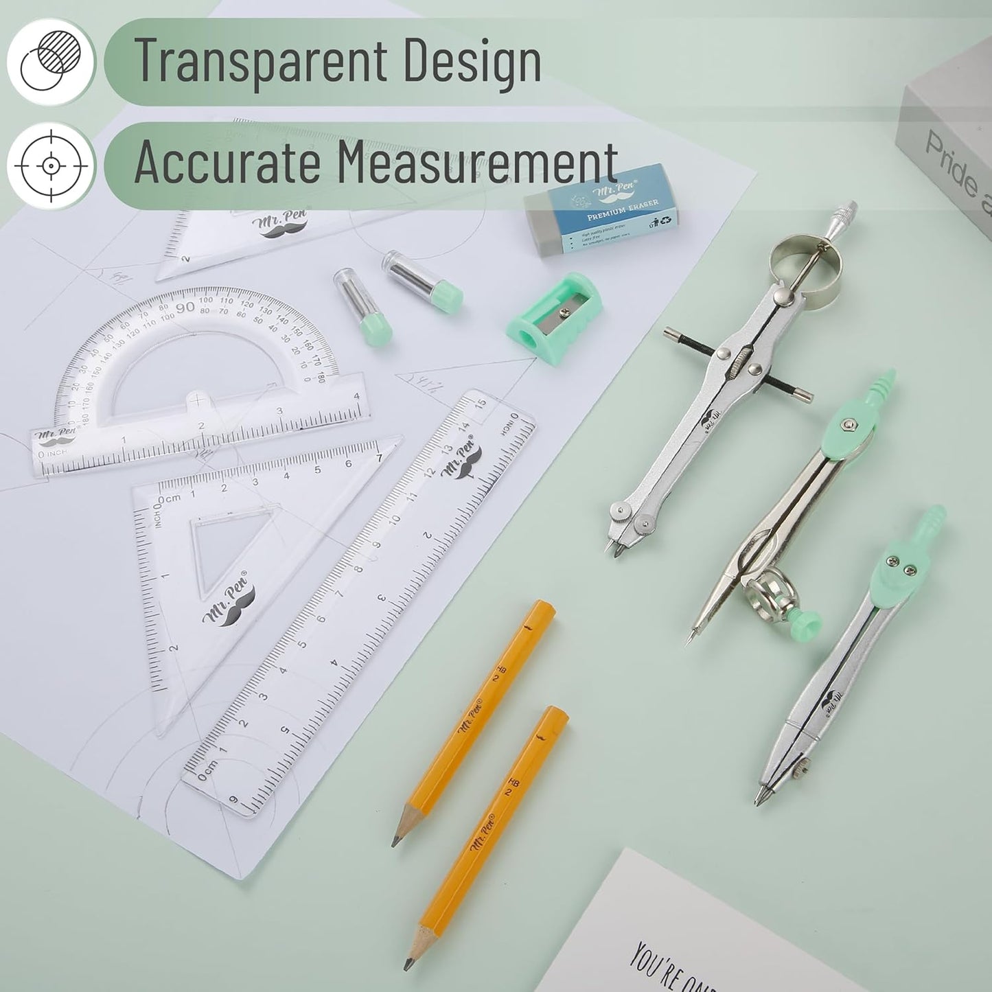 Mr. Pen- Geometry Set, 13 pcs, Mint Green, Compass for Geometry Compass Math, Geometry Kit Set with Shatterproof Storage Box, Math Compass, Geometry Set for School, Protractor and Compass Set