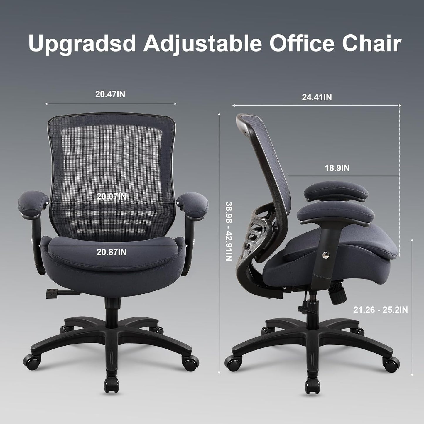 400lbs Ergonomic Office Chair with Double Seat Cushion and Soft Armrests for Executive Computer Desk with Built-in Lumbar Support(Gray)