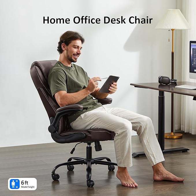 Office Chair, Executive Leather Chair Home Office Desk Chairs, Ergonomic Computer Desk Chair with Adjustable Flip-Up Arms, Lumbar Support Swivel Task Chair with Rocking Function (Brown)