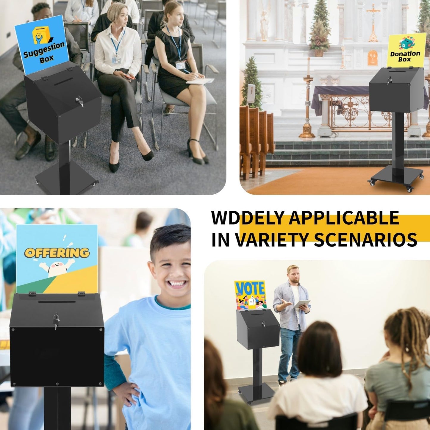 Large Acrylic Donation Box with Stand, Suggestion Box for Church, Drawing Raffle with Key&Lock, for Collection Fundraising, Offering, Ballots, Feedback, Black