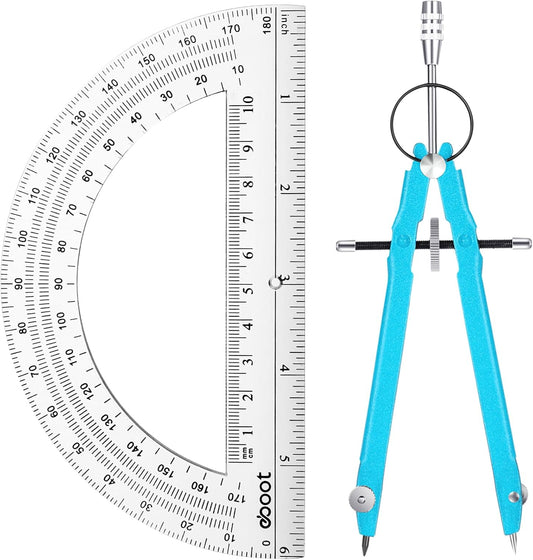 EBOOT Student Geometry Math Set, Drawing Compass and 6 Inch Clear Swing Arm Protractors 180 Degree Math Protractor (Sky Blue)