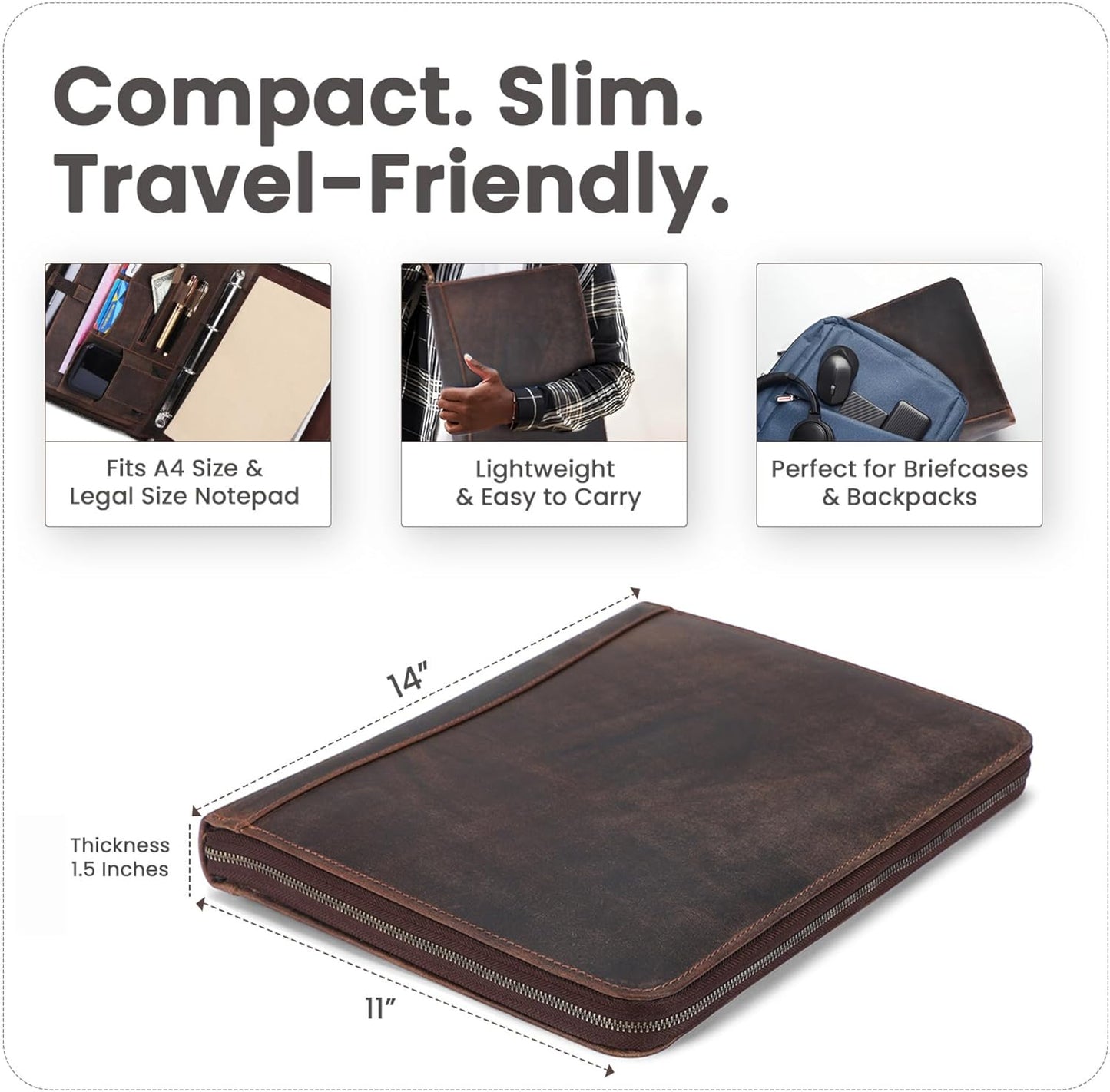 Premium Leather Portfolio Organizer with Zipper - Brown Business Padfolio with Card Slot, Document Holder, Pen Loops | Leather Padfolio with 3 Rings Binder Legal Pad Holder Podfolio for Men & Women