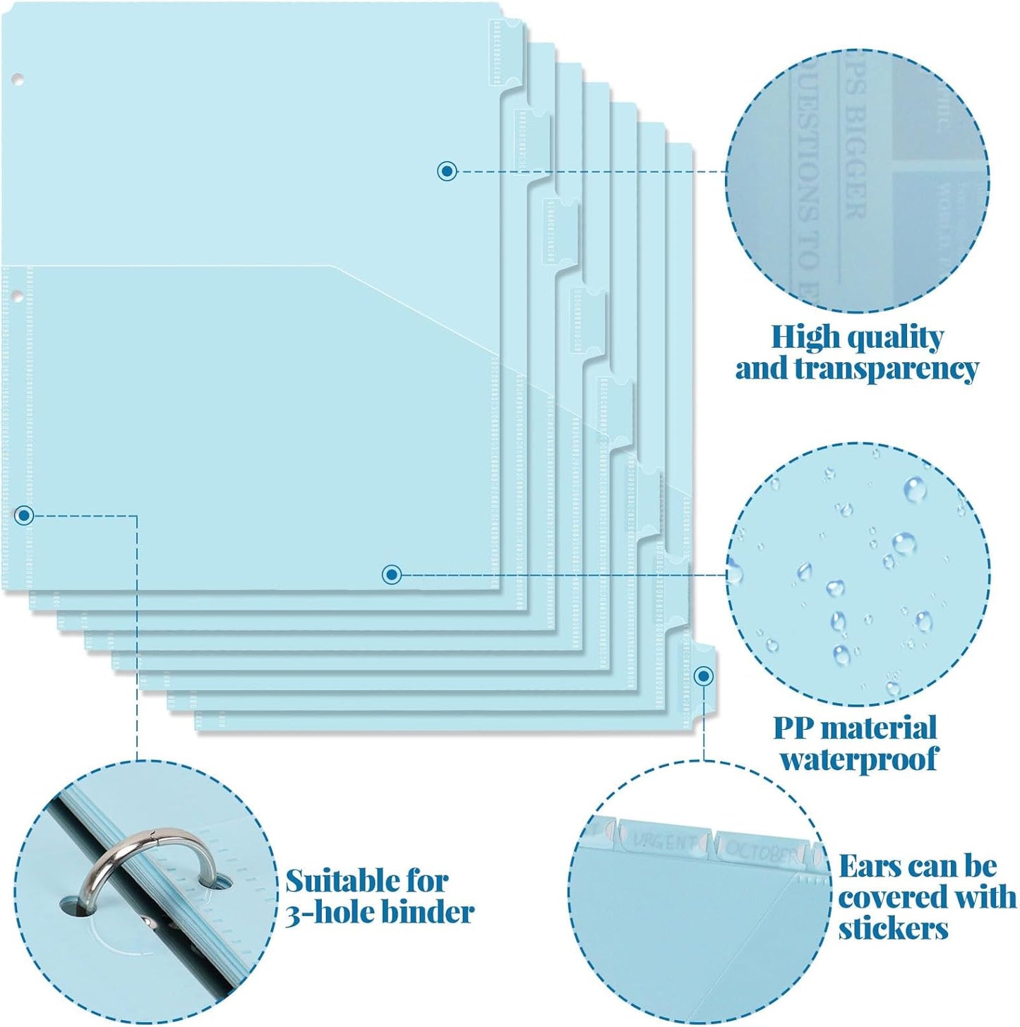 8 tab dividers for 3 Ring Binder with Pockets, Plastic Dividers with Clear Front Pocket, 8-tab Index Dividers with 3 Holes Punched for School & Office Supplies (Blue, 8 Tab)